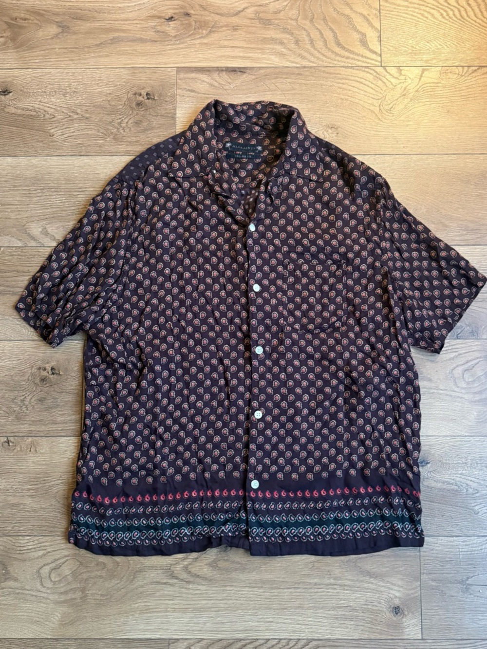 AllSaints Short Sleeve Button-Up Shirt in Black with Burgundy Accents